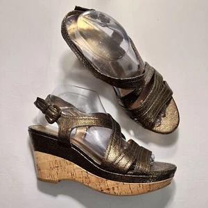 Franco Sarto Womens Cork Wedge Heel Strappy Sandals Size 8.5 Shoes Gold Brown - Picture 1 of 11