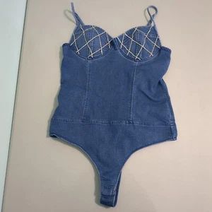 Body Haute Monde Bustier piccolo blu denim cinturino regolabile strass - Foto 1 di 7