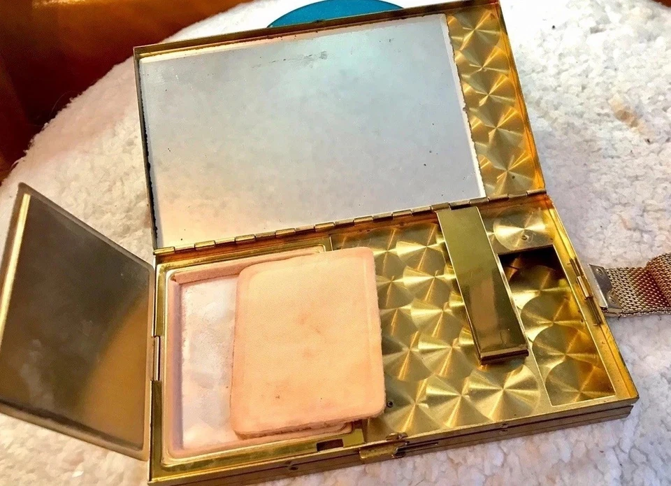 1940s Gold Striped Metal & Mesh Cocktail Wristlet Purse Cigarette Case + Compact - Image 1 of 4