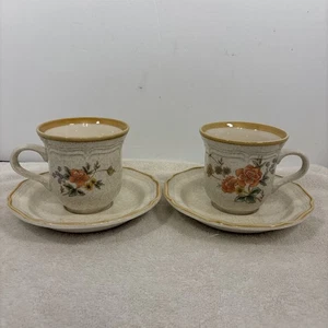 Mikasa Garden Club Silk Bouquet Teacup & Saucer Sets Heavy Stoneware Set of 2 - Picture 1 of 9