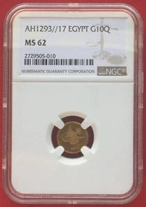 EGYPT - OTTOMAN , GOLD 10 QIRSH ABDUL HAMID II 1293/17 AH NGC MS 62 , RARE15 - Picture 1 of 2