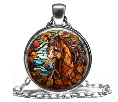 Collar colgante de regalo de amante equino caballo marrón vitral imitación cadena de 24" Foto 1 de 4