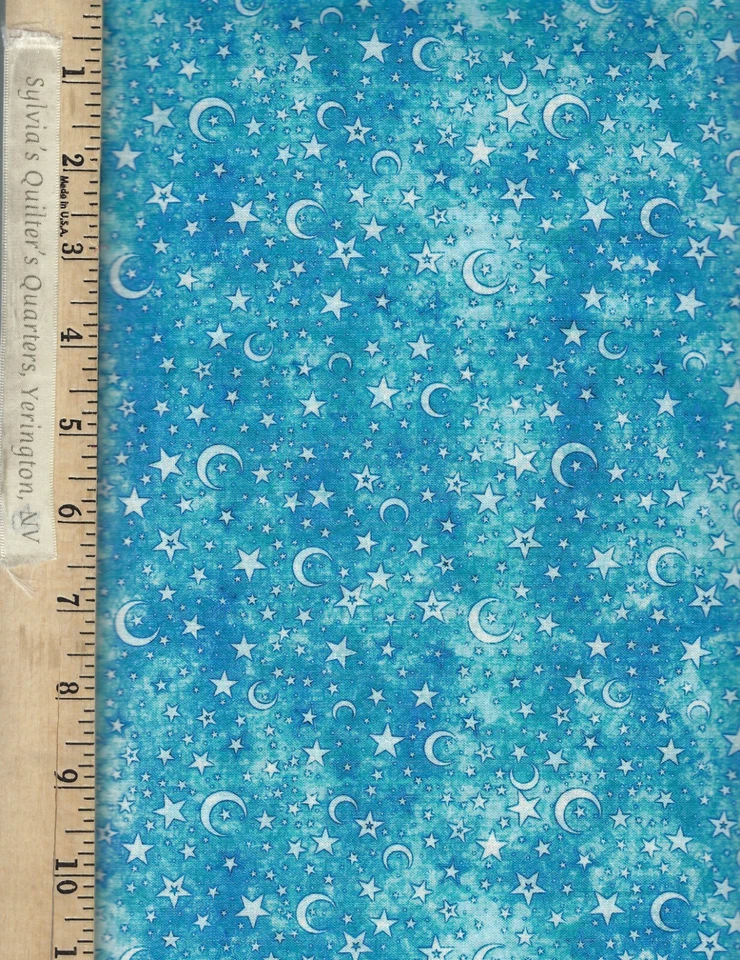 Intergalactic MOON & STARS AQUA 26749 QT 100% Cotton FABRIC priced by the Yard - Image 1 of 1