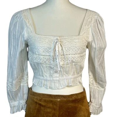 Rebellion Again Juniors Boho Crop Top Size L Square Neck Balloon Slv Fairy Ivory - Image 1 of 4