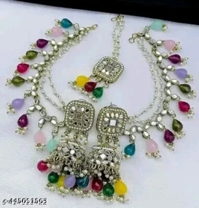 Multicolour Kundan Bollywood Indian Party Ethnic Wedding Earring with chain Set - Imagen 1 de 3