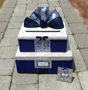 Wedding card box,white,blue,silver,fabric,2 tiers,personalized,holds 80 cards - Picture 1 of 10