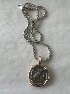 ancient Athens owl tetradrachm in 14k gold mount necklace with silver chain - Picture 1 of 4