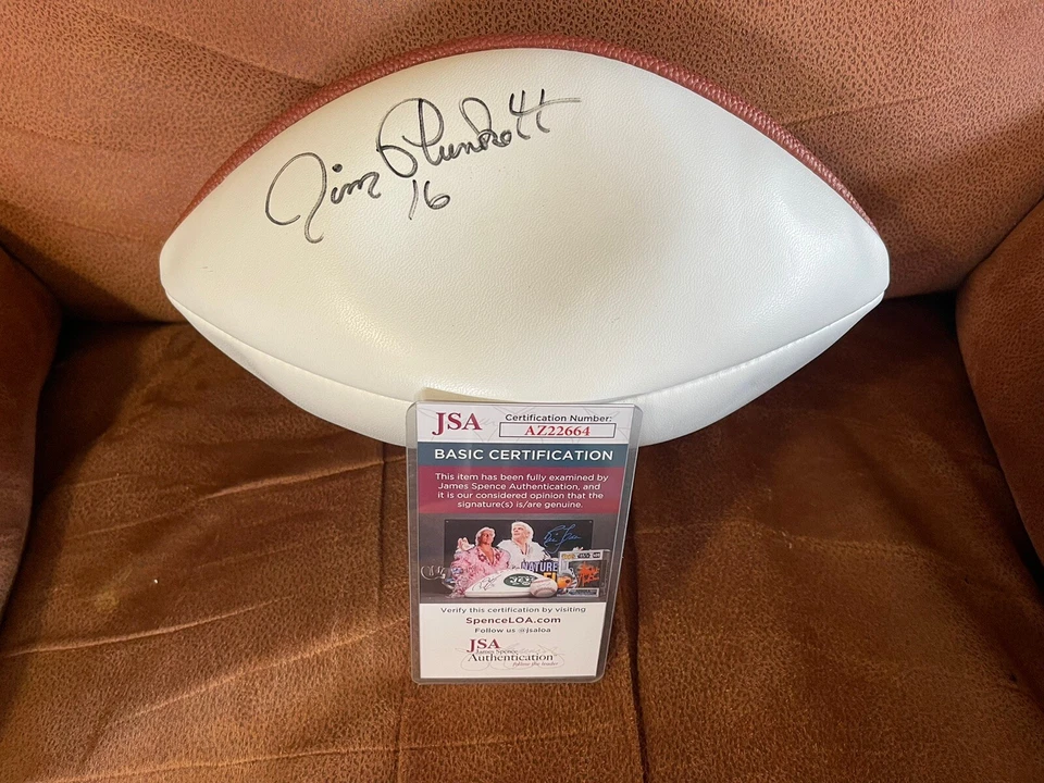 Jim Plunkett autographed football Raiders Patriots JSA coa With Display Case - Image 1 of 4