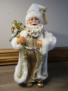 12" Santa In Beautiful White Coat W/Glamorous Gold Gown and Trim, Faux Fur Trim