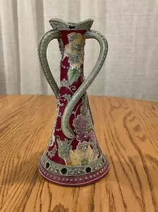 Vtg Nippon Moriage 10” Enamel Vase Porcelain 3 Handle Flowers Art Nouveau - Picture 1 of 11