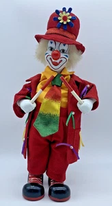 Vintage Keramik musikalische Clown Puppe 13,5" groß rot Had und rote Jacke Blumen - Bild 1 von 9