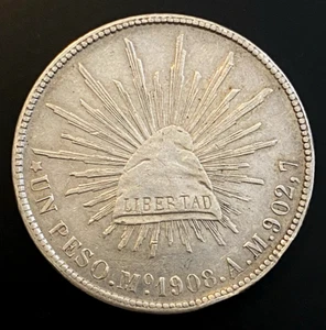 Atractiva moneda de plata de un peso de México de 1908 AM Ciudad de México como nueva plata de baja acuñación - Imagen 1 de 8
