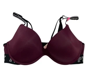 Pink Victoria Secret Light Push Up Bra 36 C Burgundy Padded Logo - Picture 1 of 10