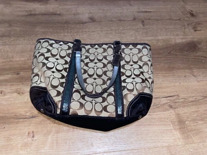 COACH SIGNATURE KHAKI C DK BROWN SUEDE MEDIUM BEADED GALLERY TOTE BAG PURSE - Picture 1 of 11