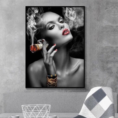 Black and White Sexy Smoking Woman Canvas Painting Modern Posters Print Wall Art - Image 1 of 4