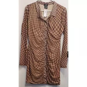 Justify Full Front Button Brown & Tan Checkered Dress Size Large - Picture 1 of 6