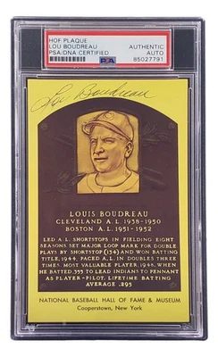 Lou Boudreau Signed 4x6 Cleveland HOF Plaque Card PSA/DNA 85027791 - Image 1 of 4