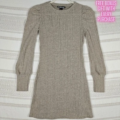 Vestido Suéter Charlotte Russe Beige Gris Acanalado Manga Larga Talla S Foto 1 de 4