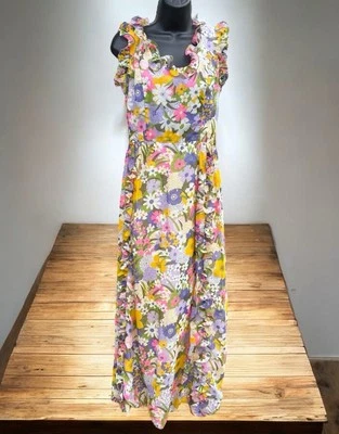 Vestido Vintage Ruth Chagnon Años 60 Largo Floral Retro Volantes MCM Hippie Talla Med Boho Foto 1 de 4