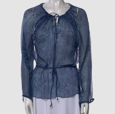 Ralph Lauren Black Label Top Women Blue Floral Blouse Sheer Keyhole Neck Sz 8 - Image 1 of 4