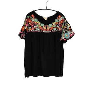 Lagenlook Kleidung Top XL schwarz Blumen bestickt Western Boho Cowgirl - Bild 1 von 4