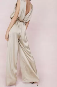 NEW Wide Leg Satin Jumpsuit w/plunging back  + Structured Shoulders $115 Retail - Picture 1 of 7