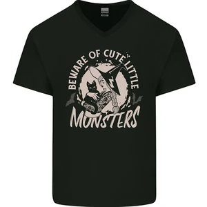 Cute Monsters Funny Halloween Cats & Witch Mens V-Neck Cotton T-Shirt - Picture 1 of 3