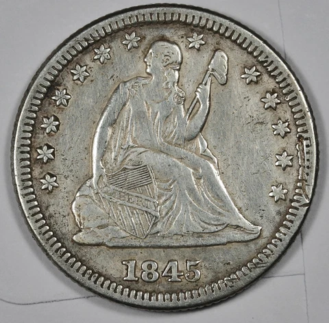1845/5 Seated Liberty Quarter.   RPD.  Natural Uncleaned.  XF.  184826 Cover