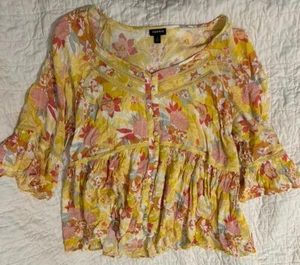 Torrid Yellow floral 3/4 babydoll top Plus Size 2 Boho Peasant - Picture 1 of 3
