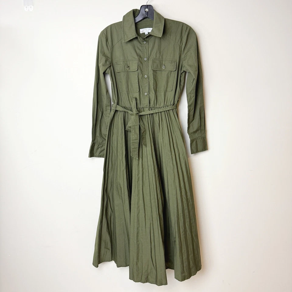 Derek Lam Collective Pleated Green Midi Shirt Dress Size 0 Women Olive Green RTR - Image 1 of 4