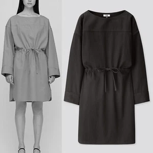 UNIQLO U Cotton Denim Draw String Long Sleeve Dress in Black Size Small S - Picture 1 of 2