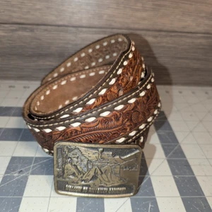 Vintage Justin Embossed Leather Belt With Hillbilly Brass Belt Buckle Sz 42 - Picture 1 of 10