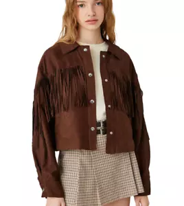 Koton Women's SIRT Neck Long Sleeve Tassel Detail Suede Jacket Size 6 - Picture 1 of 8