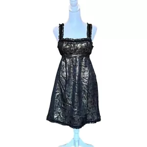 Betsey Johnson Evening Dress Black Gold Silk Metallic Velvet Trim Belt Size 8 - Picture 1 of 16