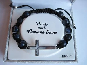Silber n Stein seitlich Silber Kreuz schwarze Steine verstellbar Armband mit Geschenkbox - Bild 1 von 12