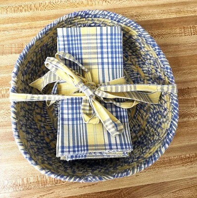 10 Handmade Blue & Yellow 14.25" Square Cotton Dinner Napkins & Basket - Image 1 of 3