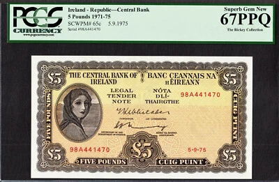 Ireland Lady Lavery 5 Pounds Dated 5-9-1975 Pick-65c SUPERB GEM UNC PCGS 67 PPQ - Image 1 of 2