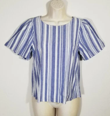 CAbi #5343 женщин очень маленький крыло блузка синий белый PJ в полоску льняной эластичной - Изображение 1 из 4