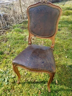 Antique Louis XV Style Embossed Leather Walnut Dining Side Chair - Image 1 of 4
