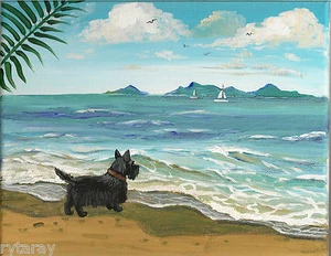8X10 IMPRESIÓN DE PINTURA RYTA SCOTTISH TERRIER PLAYA MAR ARTE OCÉANO BARCO folk perro - Imagen 1 de 1