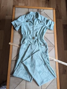 Vintage Green Plaid 60s 70s Polyester Jumpsuit Romper Bell Bottoms Juniors 9 - Picture 1 of 3