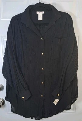 Talbots Swimsuit Cover Up Womens Large Black Crinkle Cotton Seashell Buttons NWT - Image 1 of 4