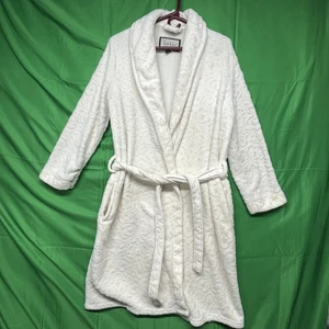 Nicole Miller Robe Womens Medium White Plush Belted Fleece Spa Bathrobe Pockets - Picture 1 of 9