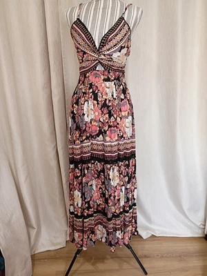 Maxi Vestido de Sol Angie Boho Chic Negro Coral Floral Recorte Crochet Talla M Foto 1 de 4