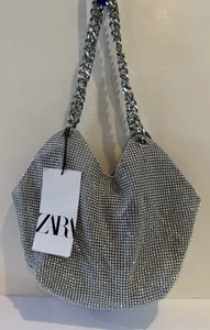 Bolso Cartera de Noche ZARA Estrás Nuevo con Etiquetas Cadena Plateada Cierre Magnético - Imagen 1 de 17