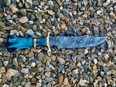 Cuchillo Bowie de acero Damasco hecho a mano con mango de hueso de camello al aire libre y camping Foto 1 de 4