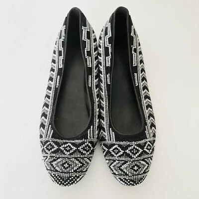 Donald Pliner Ballet Plano Talla 10 Negro Blanco Cuentas Cuero Estampado Azteca Hasin Foto 1 de 4