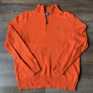 Polo Ralph Lauren LARGE L ORANGE 1/2 HALF ZIP SWEATER GREEN PONY - Picture 1 of 7