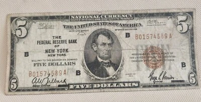 1929 NATIONAL CURRENCY $5 FEDERAL RESERVE BANK NOTE OF NEW YORK - B01574589A - Image 1 of 2