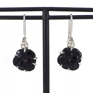 Pendientes CHANEL Gancho Perforados Camelia Columpio Gota Negro Ágata Diamante 750WG - Imagen 1 de 4